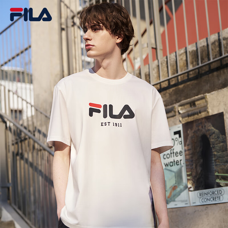 FILA 斐樂官方情侶款針織短袖衫2025春季新款休閑簡約舒適純棉T恤 云菇白-WT L 175/96A