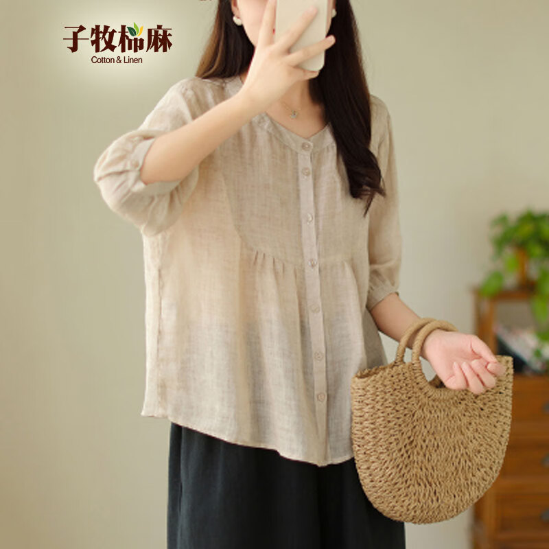 子牧棉麻2025春夏裝 女襯衫寬松顯瘦七分袖設(shè)計感純色小衫開衫9799 卡其色 2XL (建議140-150斤)