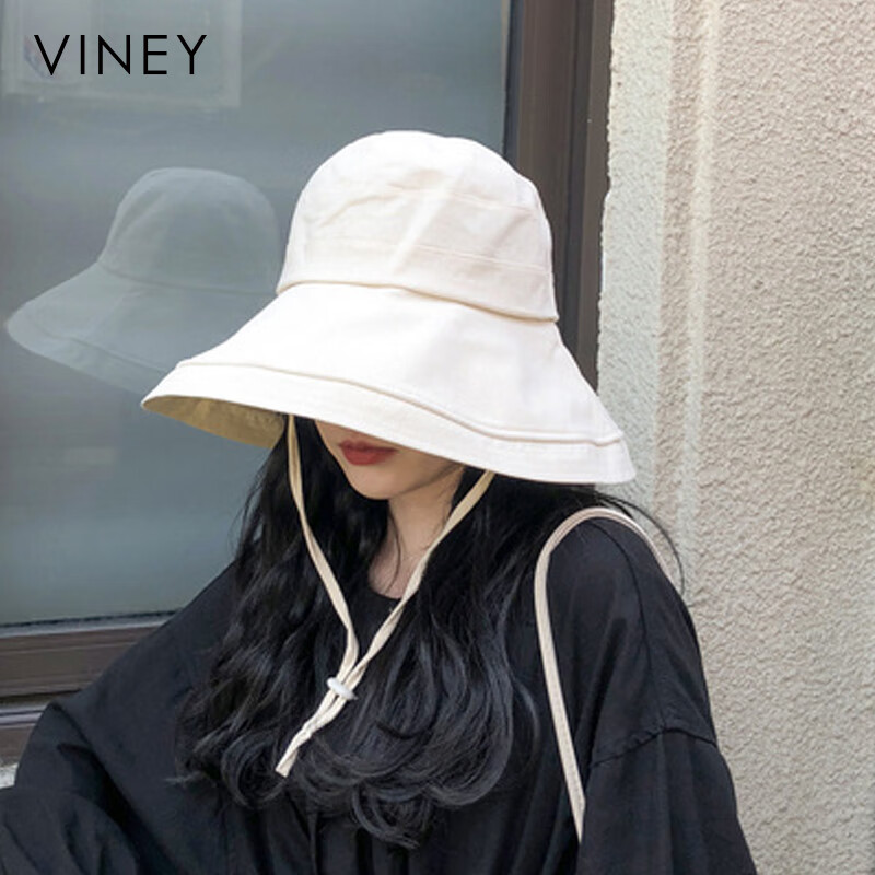 VINEY遮阳帽女2025新款夏季大帽檐防紫外线女士防晒帽沙滩渔夫帽子女 米色
