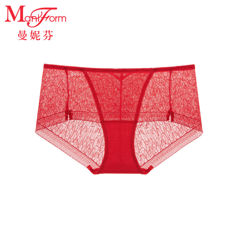 曼妮芬性感蕾丝女生短裤中腰低角裤无轻透底裤女士内裤 040 红色 L (165)