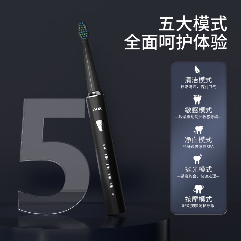 奥克斯(AUX)电动牙刷成人声波震动细软毛柔和亮白学生情侣礼盒装送父母元旦圣诞情人节 成人电动牙刷黑色【到手4刷头+五种模式智能切换】