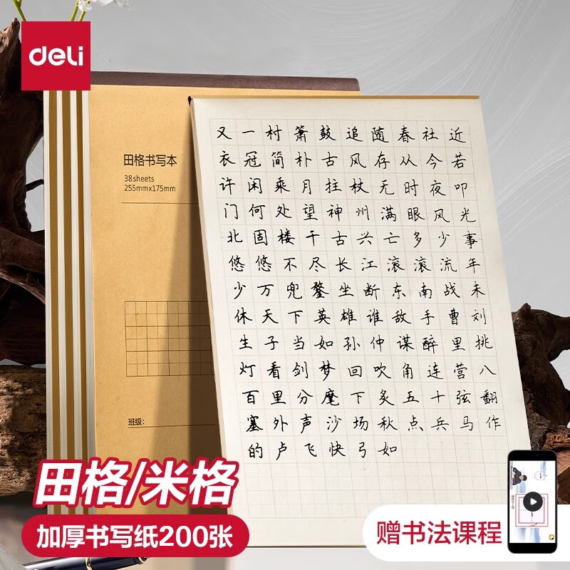 得力硬笔书法练字小学生书法纸钢笔书写纸练字专用纸成人书法作品纸字帖纸每日一练 【田字格】5本共200张