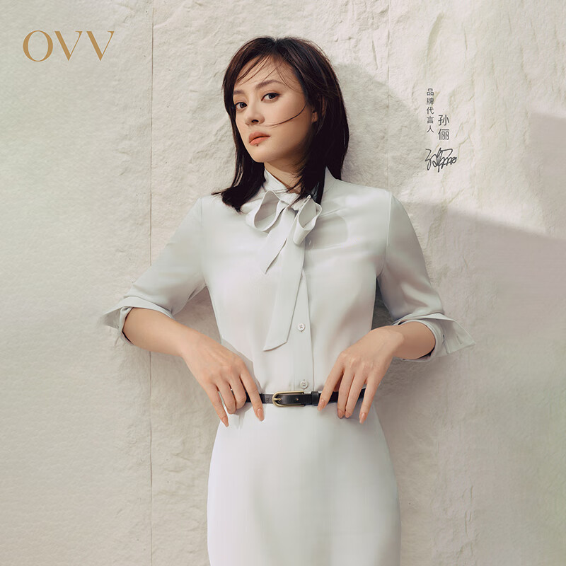 OVV【重磅真丝】2025春夏新款女装30MM重绉飘带领衬衫 珍珠灰 XL