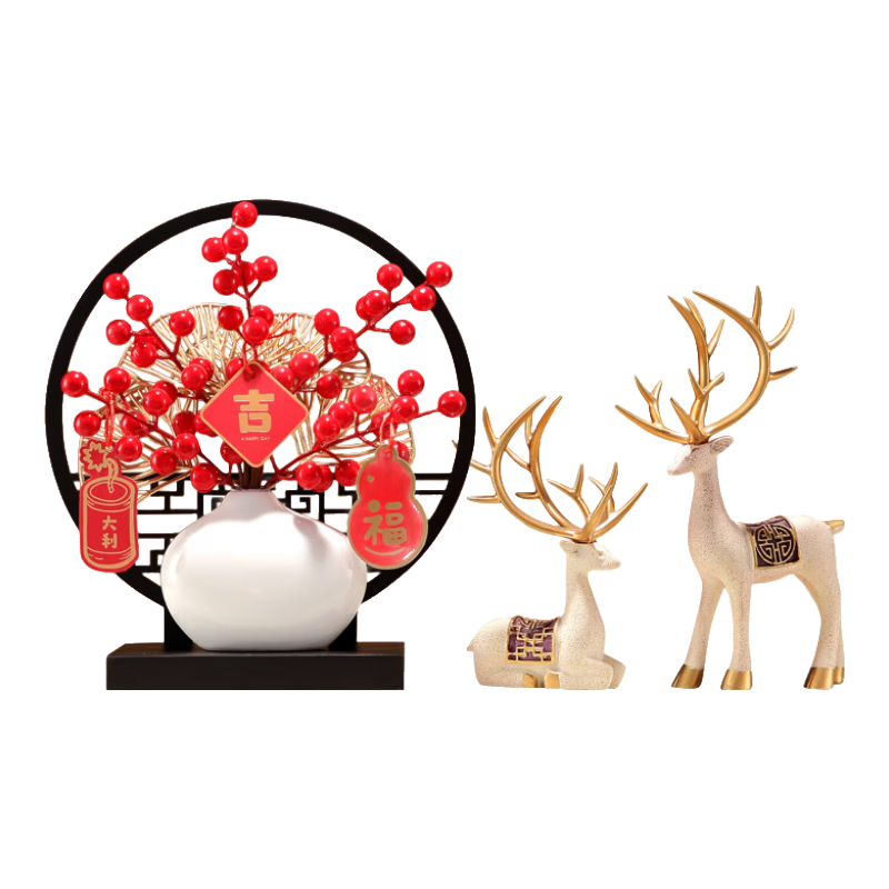 百亿补贴：赟娅新中式复古摆件中国风茶室禅意家居摆设客厅创意玄关酒柜装饰品 红果云屏+对鹿