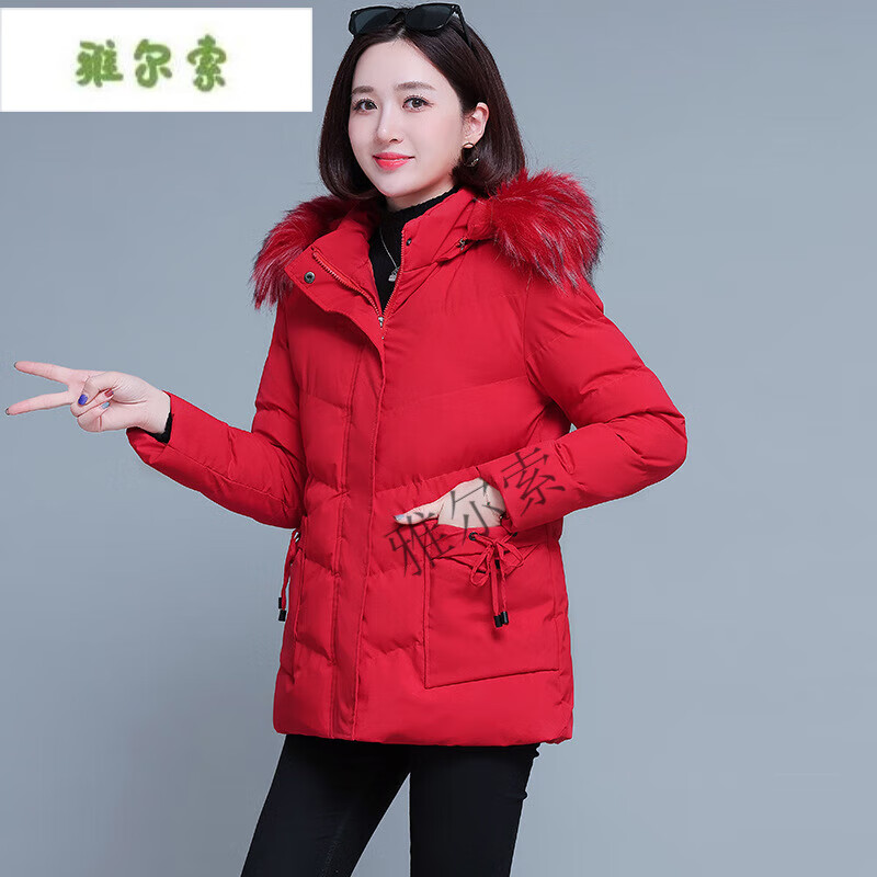雅尔索棉衣女装修身棉服中长款女式2025棉袄棉服外套新款 红色 M