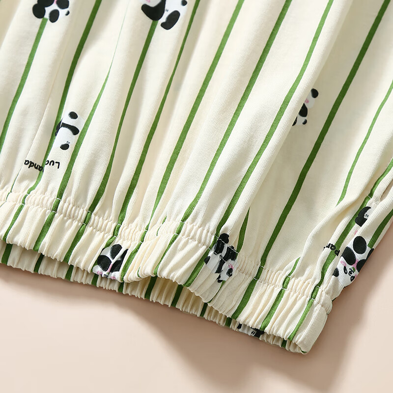 芬腾睡衣女士纯棉夏季薄款短袖七分裤休闲夏天清新熊猫家居服套装 芥末绿 L 建议110-125斤