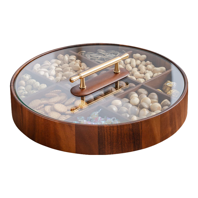 木雅軒胡桃木實木果盤零食盤客廳大號水果盤家用干果收納盒木質糖果盤 六宮格國風山水【含6個玻璃碗】