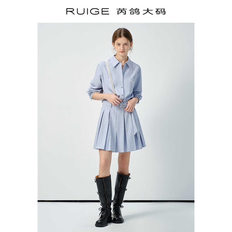 芮鴿大碼女裝A字垂感條紋百褶裙襯衫女新款春季蝴蝶結胖mm套裝 條紋藍百褶裙 L
