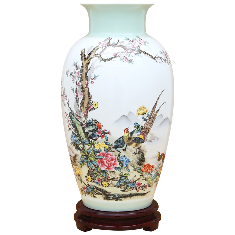 景德鎮陶瓷器新中式影青粉彩瓷花瓶工藝品客廳擺件家居酒柜玄關(guān)書(shū)房電視柜辦公室博古架茶室裝飾品瓷瓶擺設 青釉粉彩錦上添花觀(guān)音瓶（配旋轉底座+證書(shū)）