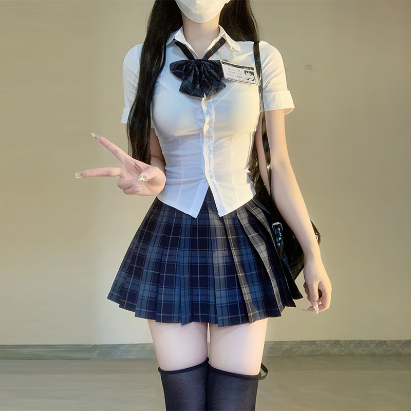 尤柯鳥(niǎo) YOEKBIRD原創(chuàng)正版辣妹jk制服狗短格裙收腰白襯衫套裝百褶短裙半身裙子全套 淑格裙43CM+短袖彈力魚(yú)骨白襯+領(lǐng) XS