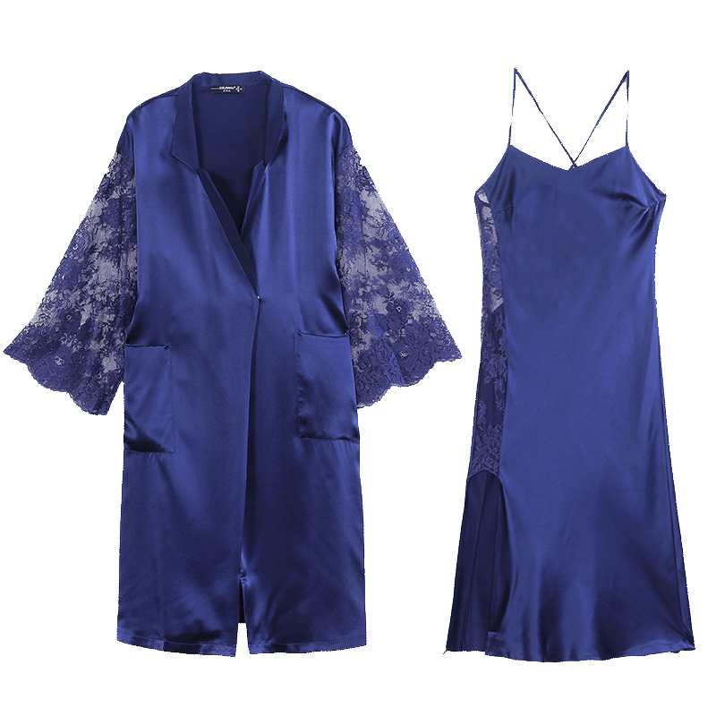 狄兰丝（dilansi）性感开叉真丝睡袍两件套装蕾丝镂空100%桑蚕丝睡衣女士高档丝滑夏 皇室蓝（睡裙睡袍两件套） M (19姆米重磅真丝)