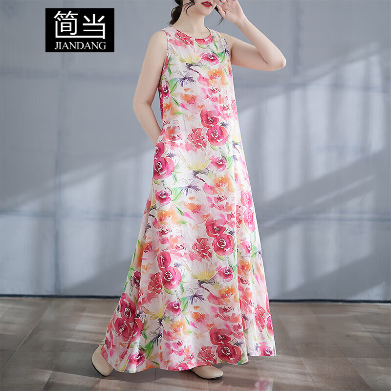 簡(jiǎn)當(dāng)大碼女裝胖MM春夏波西米亞海灘度假風(fēng)圓領(lǐng)花色長(zhǎng)裙大花背心裙8040 粉色花 M 【100-120斤】