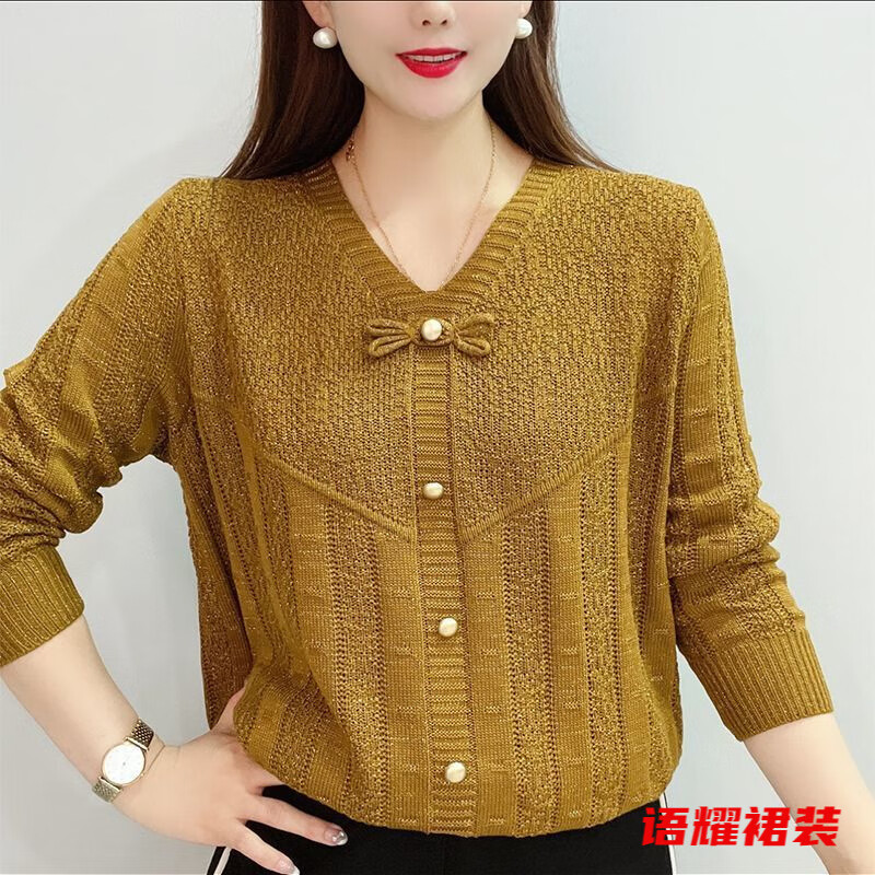 风晓薇洋气百搭V领长袖针织衫女春秋新款时尚宽松显瘦中年妈妈上衣 姜黄色 L 建议105-120斤