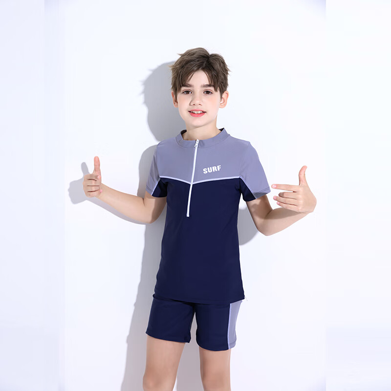 Yosoci中大童泳衣男童分體兩件套半拉鏈上衣潛水服速干溫泉游泳短袖短褲 藏藍(lán)色 170 （90-120斤）