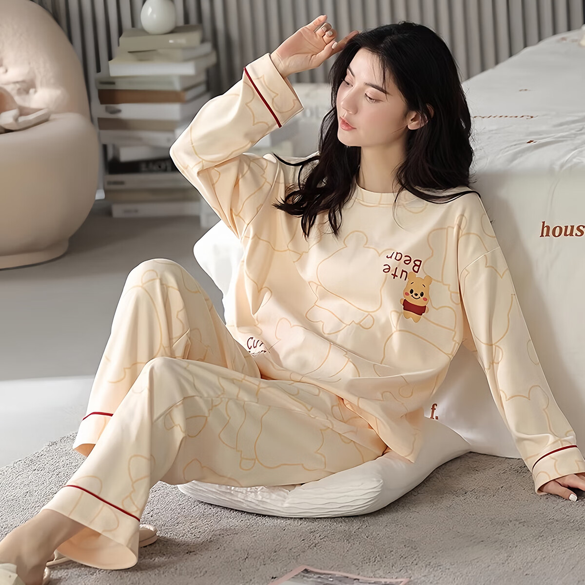 紫色花语【25年新款】带胸垫睡衣女士春秋长袖睡裤简约可外穿家居服 乳白色 M （推荐80-100斤）