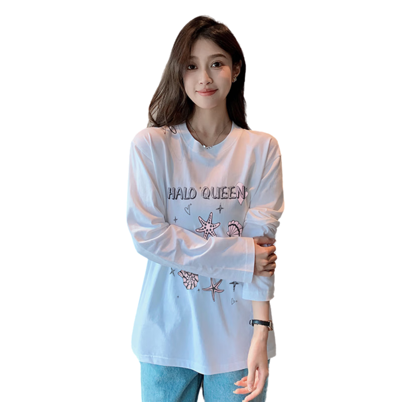 Halo Queen長袖T恤女春秋圓領(lǐng)貝殼字母印花可愛休閑百搭打底衫上衣新品