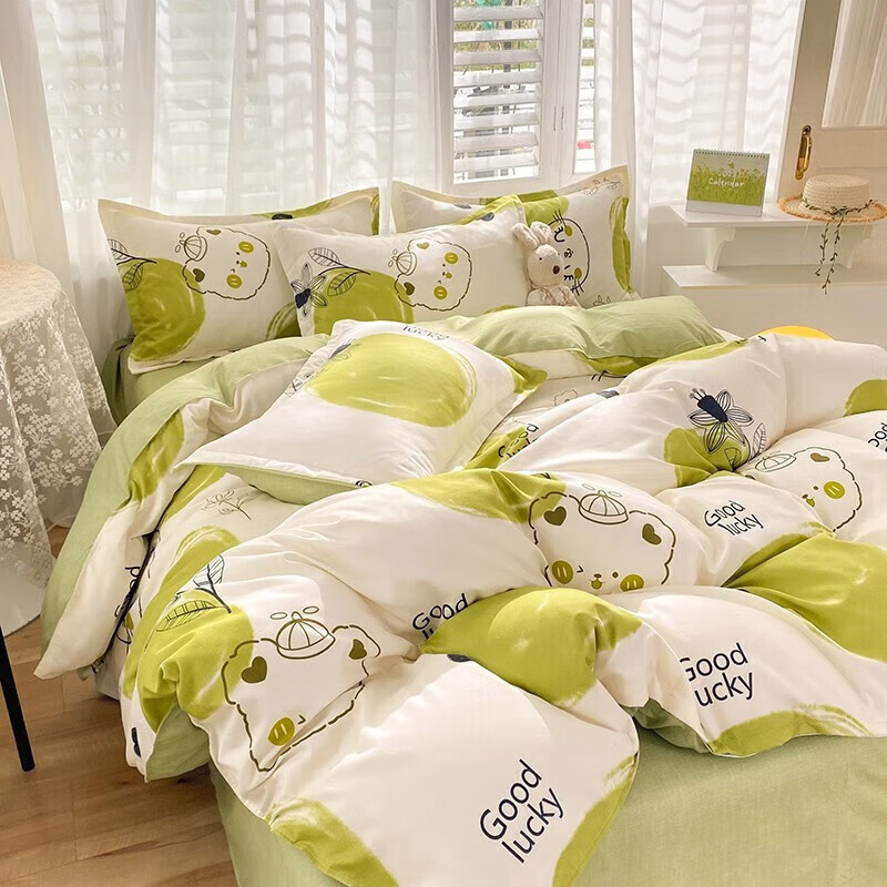 软贝 小清新四件套 透气亲肤 印花卡通简约田园套件被套床单床上用品 青苹果 床单款 2.0m四件套(被套200*230cm