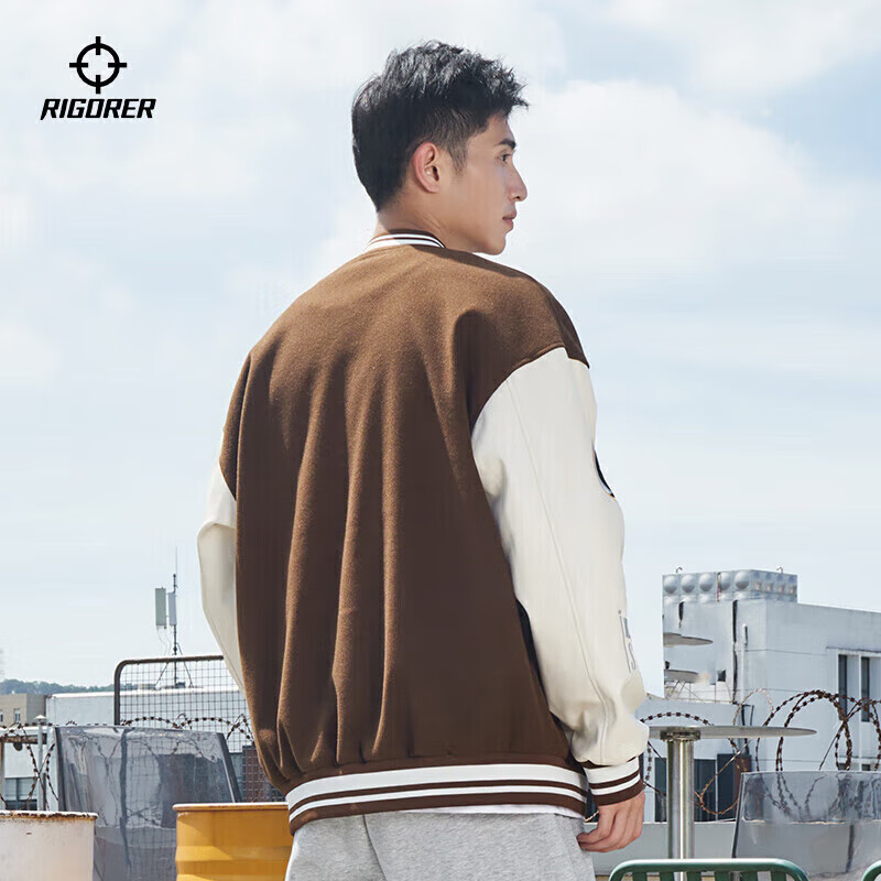准者(RIGORER)棒球服外套男女春夏加厚新款美式复古刺绣宽松运动夹克 深卡其 XS 160