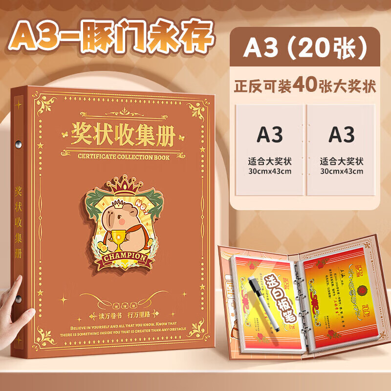 资料册可挂墙展示男孩女孩荣誉证a4儿童收纳收藏册本相册放装作品的册子文件夹小学生画册收 【A3豚门永存】A3/装40张
