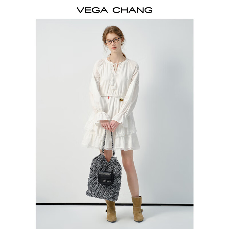 VEGA CHANG白色连衣裙女2026春新款法式V领长袖高级感蕾丝裙子 云朵白（长袖） S