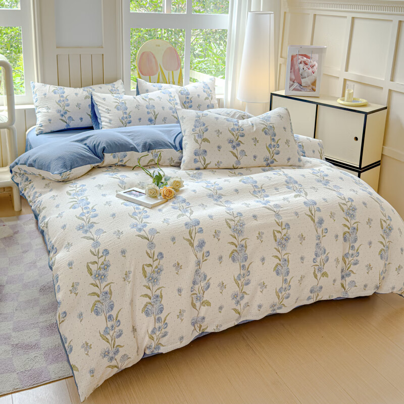 多兰诗（Duolanshi）A类小清新有氧提花四件套亲肤透气宿舍单双人春夏四件套 暗香蓝 1.8米 床单款 被套200*230 四件套