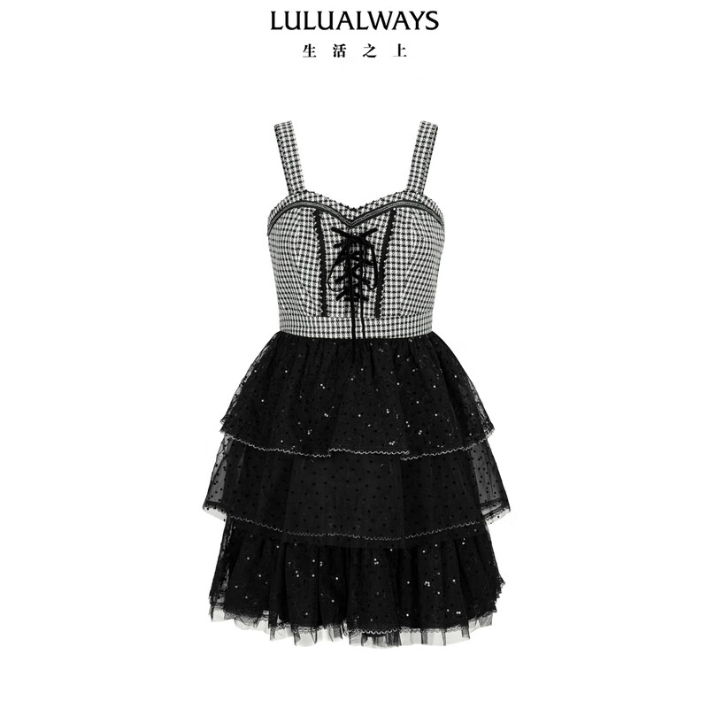 LULUALWAYS我爱露露25春季新款气质优雅吊带蛋糕层次感珠片连衣裙 黑色 L