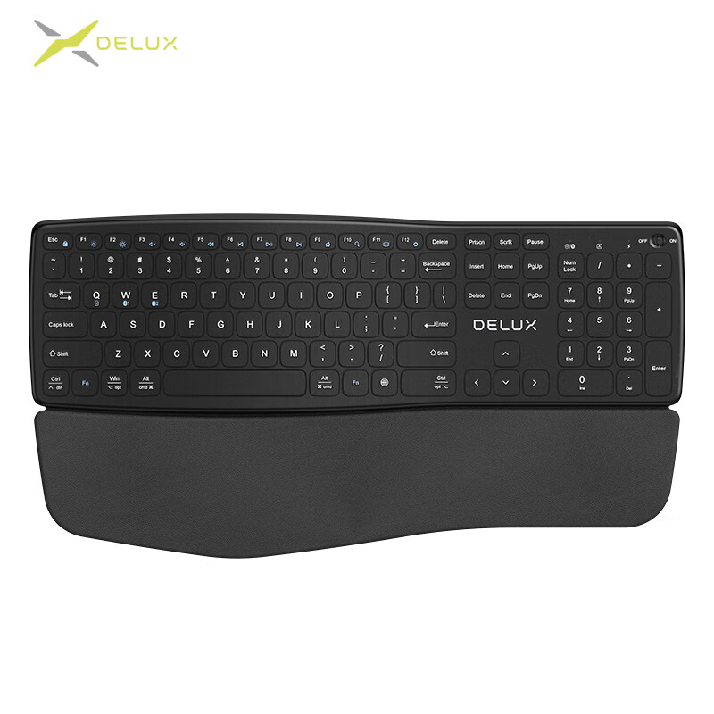 多彩（DeLUX）GM908键盘 人体工学键盘 蓝牙无线键盘 舒适便携 人体工学设计 拱形键盘 可拆卸掌托 黑色