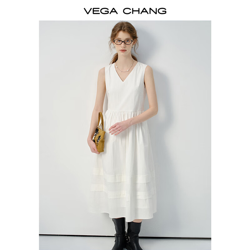VEGA CHANG��ʽ����ȹŮ2025�괺���¿�ͨ�ڷ�V��߼��а�ɫȹ�� ţ�̰� M