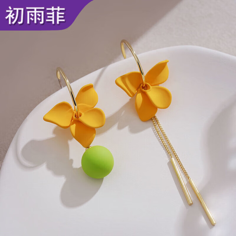 初雨菲獨(dú)特設(shè)計(jì)感粉色百合花耳環(huán)茶系超仙長款流蘇耳飾小眾溫柔甜美耳墜 E-898不對稱橙黃花朵流蘇