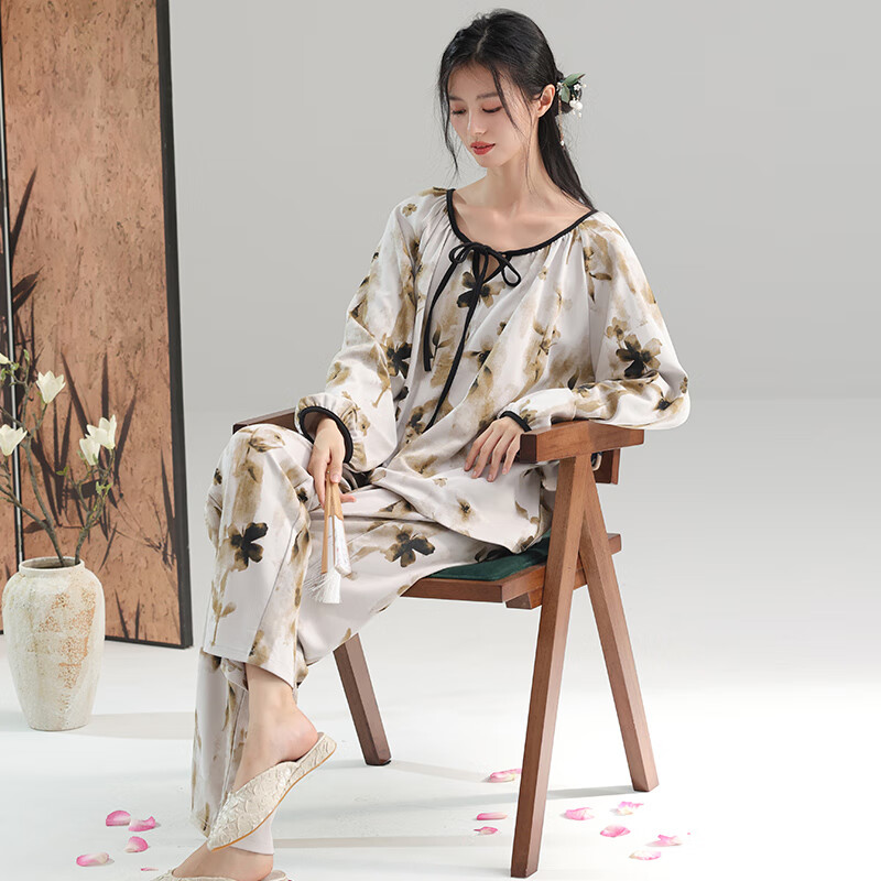 玛伦萨睡衣女士春季纯棉2025新中式国风古风可外穿大码长袖家居服套装 灰色 M