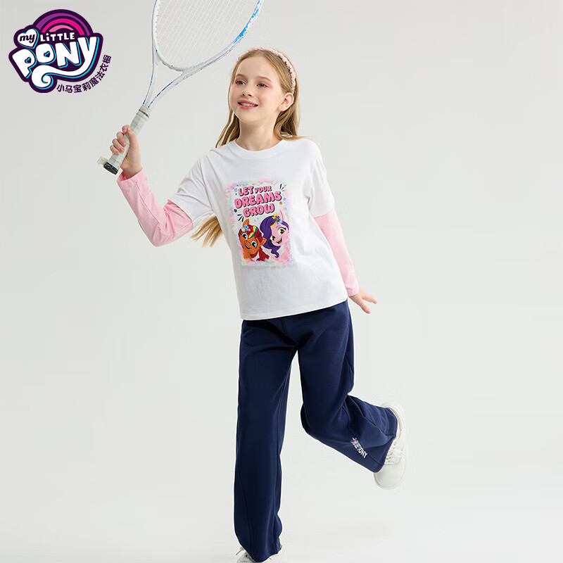 小马宝莉儿童长袖t恤2025春新款中大童打底衫女孩外穿假两件洋气圆领上衣 白色 160