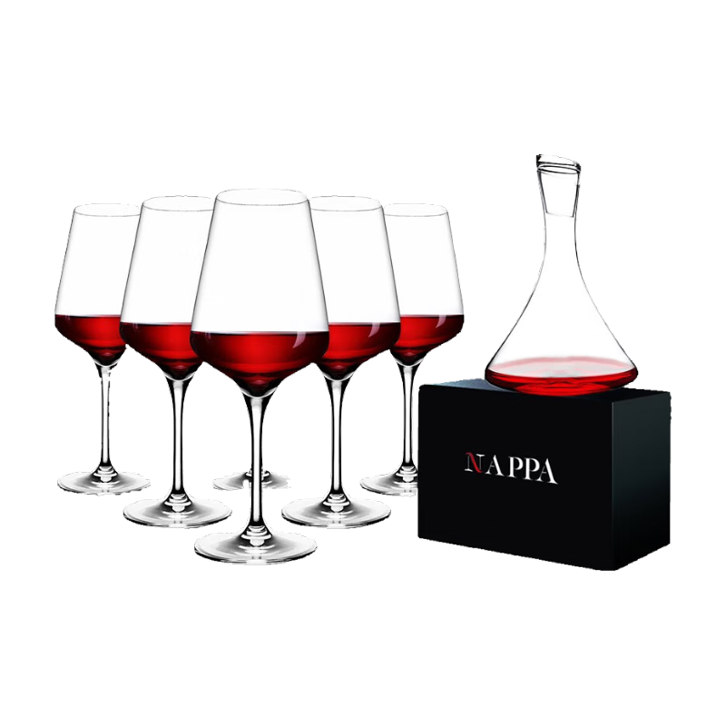 NAPPA 進(jìn)口紅酒杯套裝 高腳水晶葡萄酒杯 醒酒器杯架家用高檔酒具 波爾多杯六只+帶蓋醒酒器 600ml