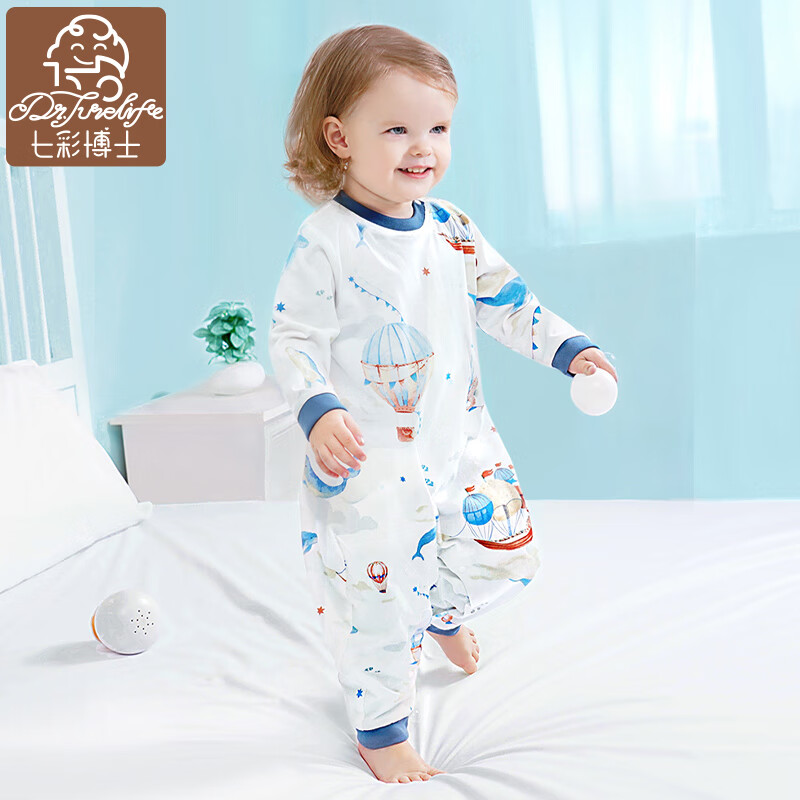 七彩博士婴儿分腿睡袋夏季超薄恒温棉保暖儿童防踢被子可脱袖宝宝防着凉 长袖梦幻鲸语(纯棉) XL（110码）