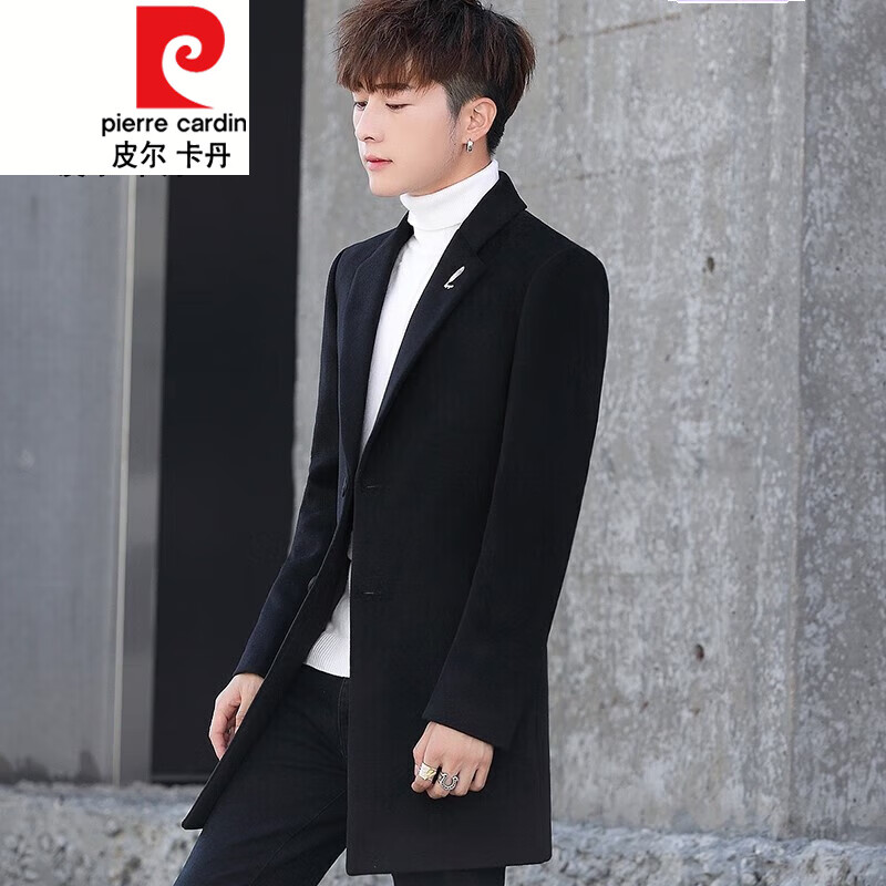 皮尔卡丹品牌高档男装秋冬季风衣男士中长款毛呢西服大衣韩版修身简约纯色呢子西领外套针织 黑色1818【常规】呢子风衣 M