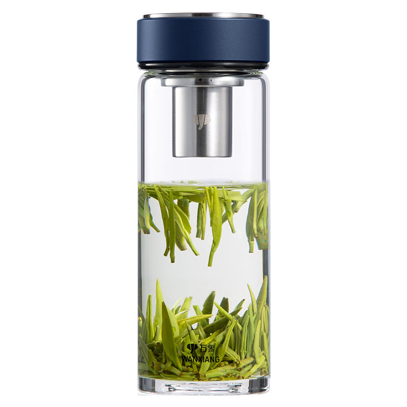 万象（WANXIANG）单层玻璃杯节日礼物车载便携大容量水杯男女高颜值商务办公玻璃杯 U272R-黑蓝色420ml