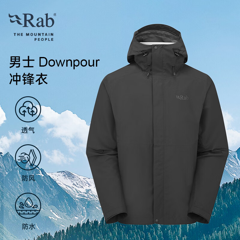 Rab睿坡Downpour男士户外运动徒步夹克轻量透气登山冲锋衣 QWI-06 黑色BLK M