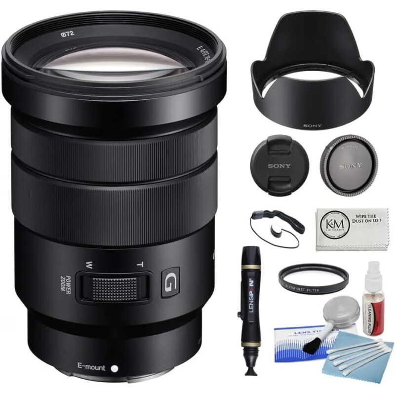 索尼（SONY）E Pz 18-105mm F4 G Oss 鏡頭套裝，帶 72mm 紫外線(xiàn)濾鏡 + 清潔鏡頭筆 + 鏡頭蓋固定器 + 5 件清潔 Camera Lens