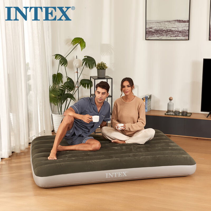 INTEX充氣床墊打地鋪氣墊床戶(hù)外野營(yíng)防潮墊家用雙人折疊床單人午休床 203*152*25CM雙人加大手動(dòng)氣泵 舒適植絨表層