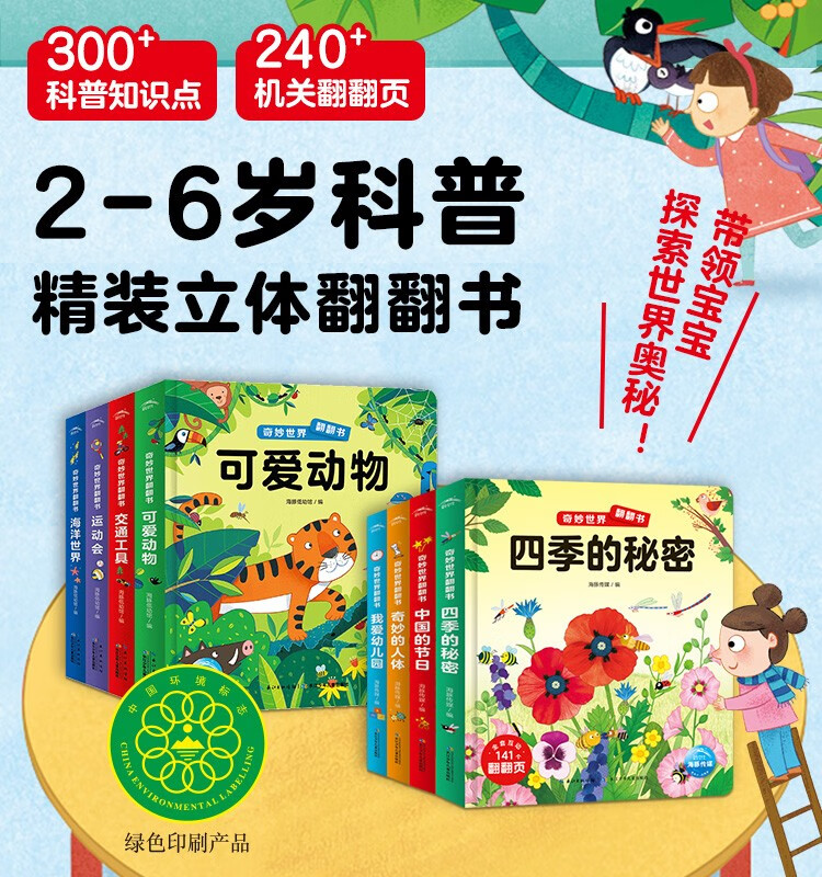 奇妙世界翻翻书4册儿童3d立体书幼儿启蒙认知洞洞书儿童绘本幼儿园科普书2-6岁情景互动机关纸板书我爱幼儿园交通工具海洋世界运动会可爱动物书 1+2合辑（全8册）