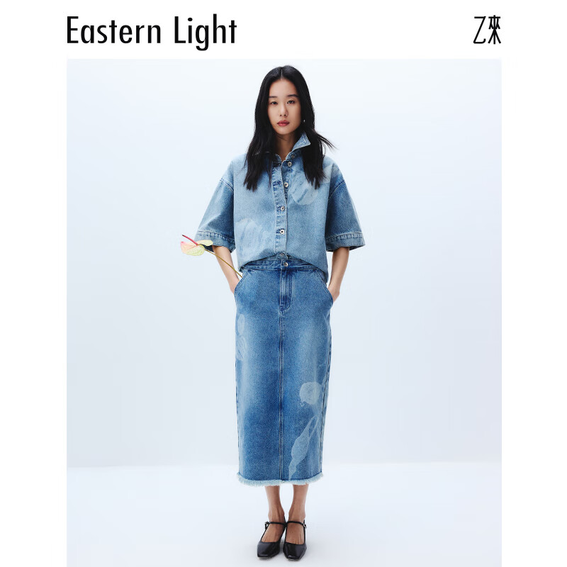 乙来（EASTERN LIGHT）【土耳其纯棉斜纹牛仔】鸢尾水洗牛仔衬衫短袖外套套装 水洗蓝-上衣 S