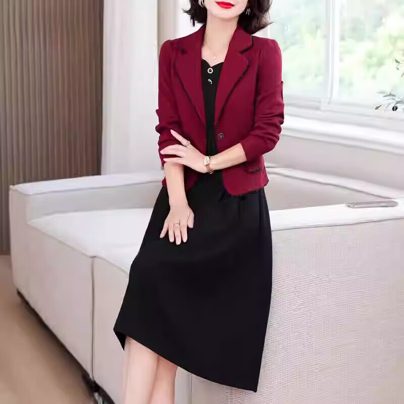 皮尔卡丹喜婆婆婚宴装2025年新款时尚高贵显瘦正式礼服西装两件套连衣裙女 Q8760酒红色(两件套) L