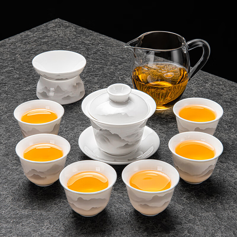 胖東来品质2025新款羊脂玉瓷功夫茶具套装家用轻奢喝茶盖碗茶杯泡 羊脂玉瓷水墨远山盖碗六杯配玻璃