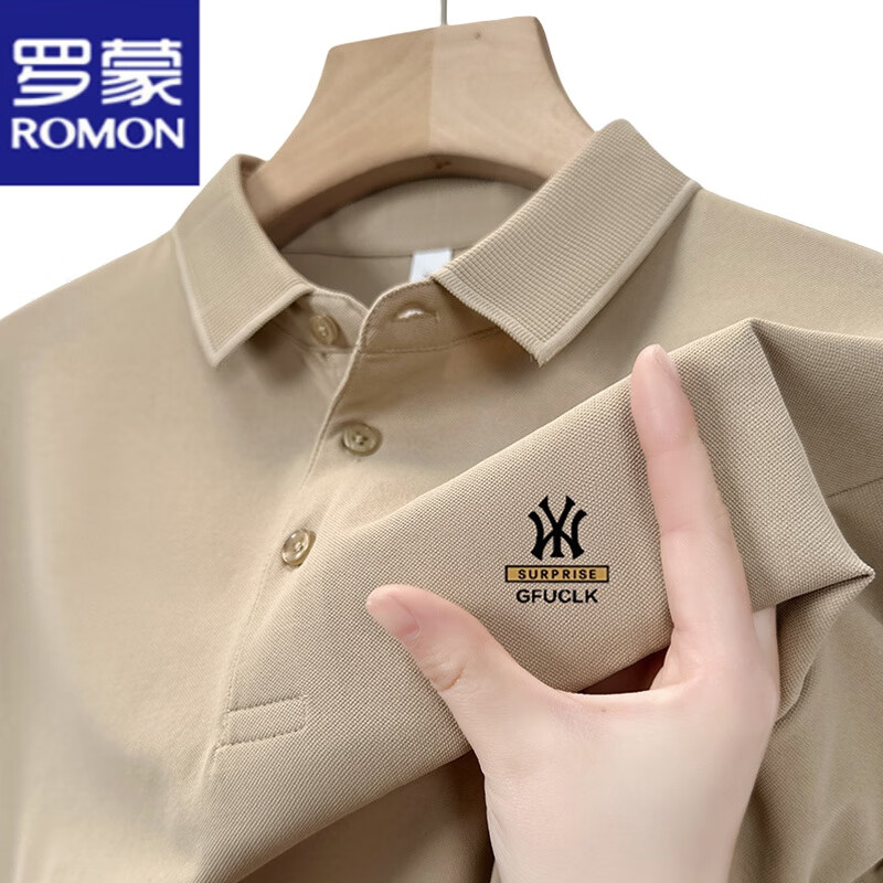 罗蒙(ROMON)100纯棉短袖t恤男士2025年夏季翻领polo半袖衫透气吸汗休闲上衣 短袖YW7702灰色 2XL 180建议150-165斤