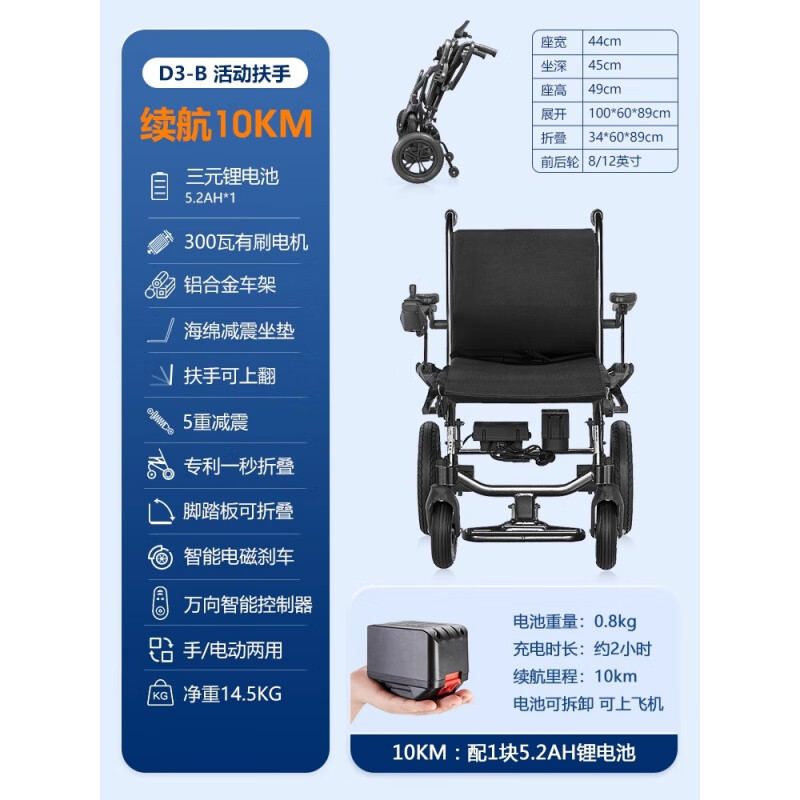 互邦老人代步車四輪電動(dòng)殘疾人家用可折疊小型電瓶助力車新款輕便 單控黑/續(xù)航10km+重14KG+300瓦電機(jī)+一