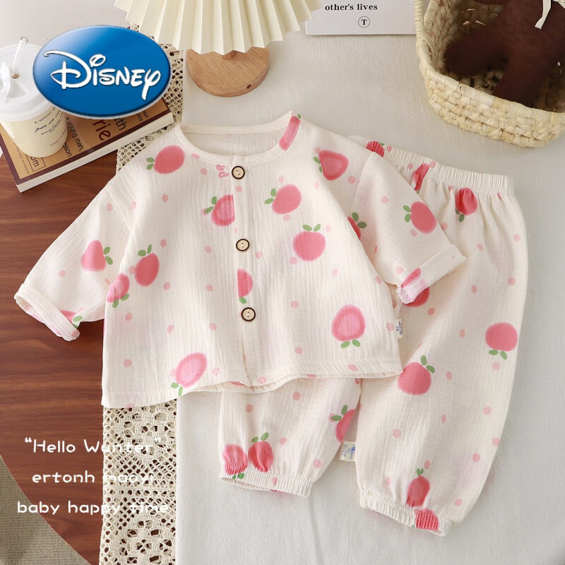 迪士尼（Disney）儿童薄款双层纯棉纱布睡衣夏季女童家居服男宝宝长袖灯笼裤套装 新纱布套装-苹果 130 码 建议120cm