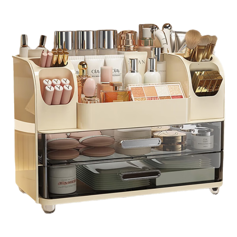 纳份爱新款轻奢化妆品收纳盒桌面三层特大号防尘分隔口红眉笔置物架 【奶油白三层】轻奢化妆品收纳盒