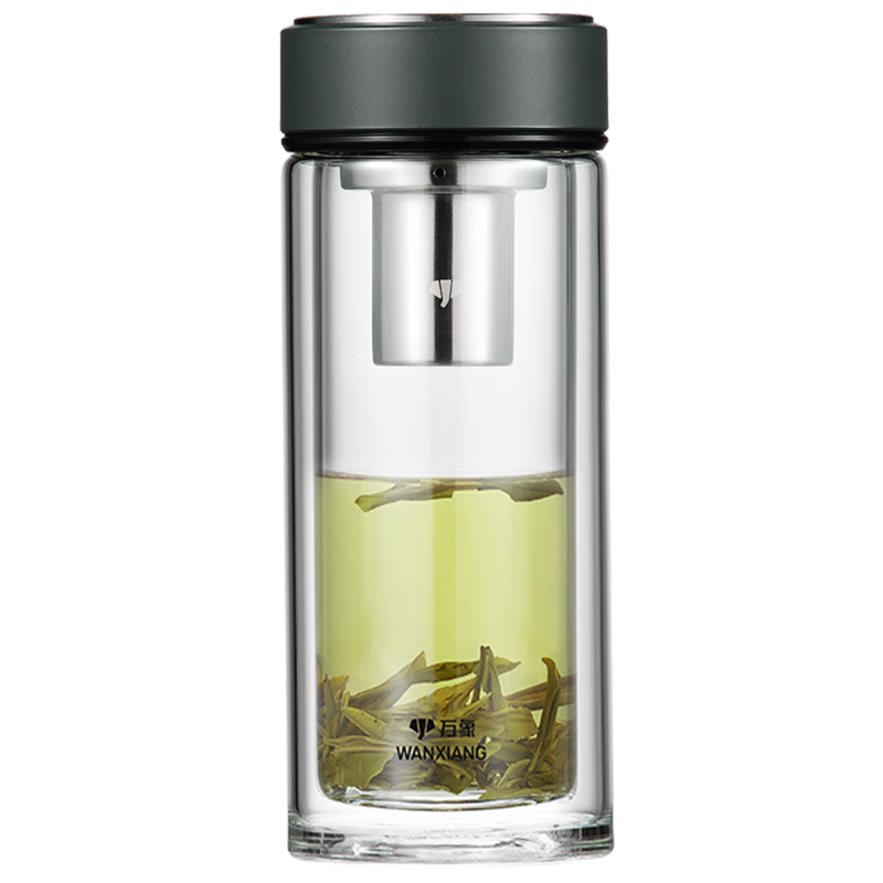 萬象(WANXIANG)雙層玻璃杯男士杯節(jié)日禮物茶杯大容量車載便攜水杯茶商務辦公水杯 V274R-黑綠色480ml