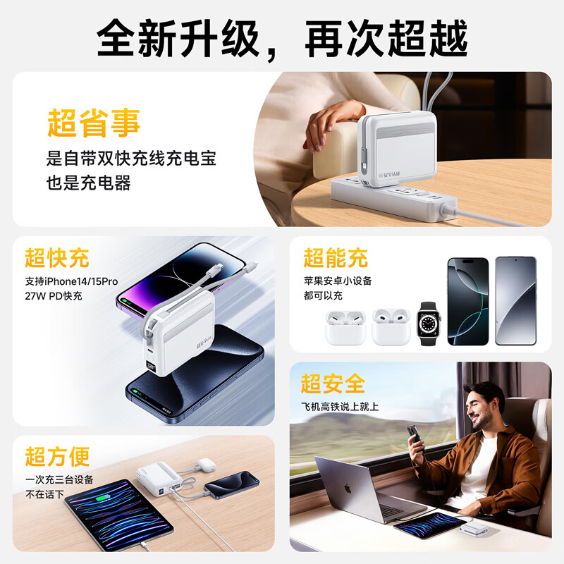 尊匠【自营正品】充电宝20000毫安自带线带插头66W极速快充可上飞机大容量移动电源 【3C认证】极速快充充电宝自带快充线