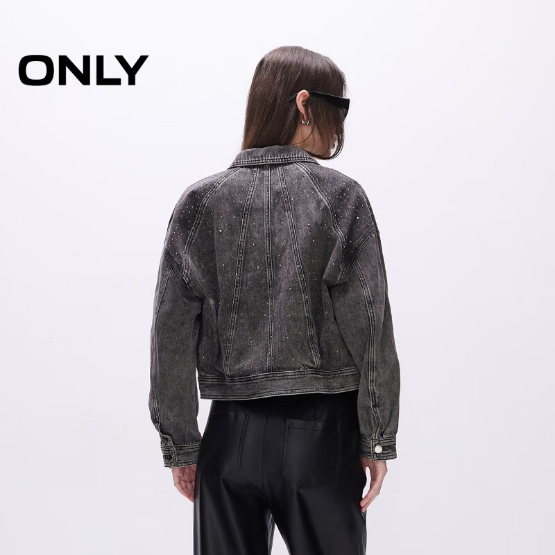 ONLY2025秋季新款复古水洗水钻OVERSIZE翻领牛仔外套女|125154005 J0Z 牛仔灰 S