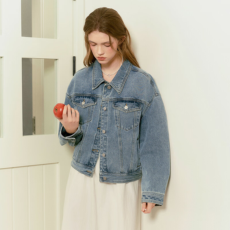 乐町韩系清甜短款棉牛仔外套2025春季新款宽松后背微兜设计上衣 牛仔中蓝（现货） XS